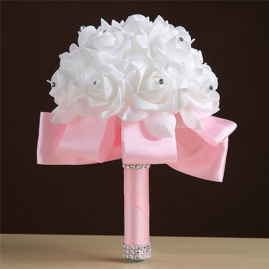 BMbridal White Silk Rose Crystal Beading Bouquet in Colorful Handles_3