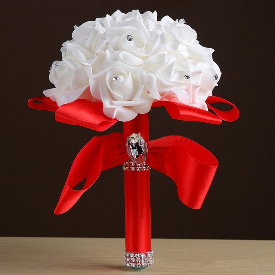 BMbridal White Silk Rose Crystal Beading Bouquet in Colorful Handles_4