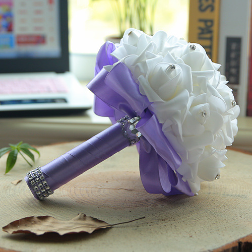 BMbridal White Silk Wedding Bouquet with Colorful Handles_8