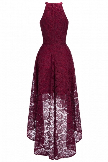 BMbridal Halter Sleeveless Sheath Asymmetrical Burgundy Lace Dress_6