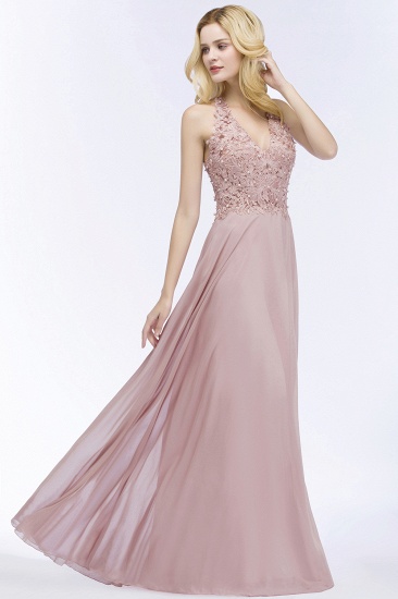 BMbridal Chic Lace V-neck Pink Chiffon Bridesmaid Dress with Pearls_4