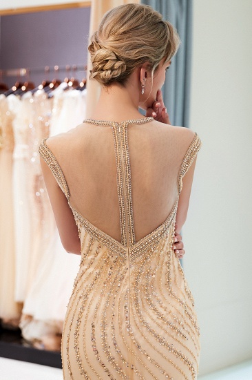 BMbridal Elegant Mermaid Jewel Long Gold Prom Dresses Sleeveless Evening Gowns with Rhinestones_7
