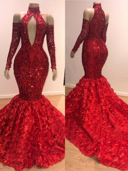 Bmbridal Red Long Sleeves Prom Dress Mermaid With Flowers Bottom_4