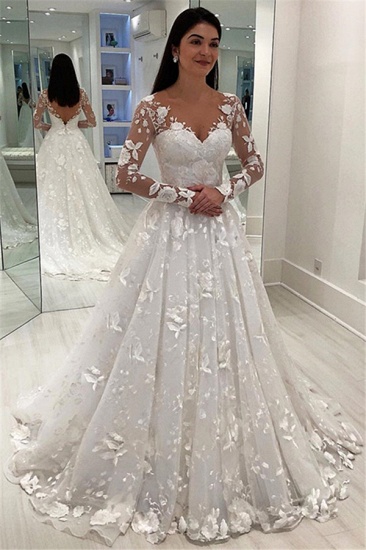 Bmbridal Long Sleeves Wedding Dress With Lace Appliques Princess Bridal Gowns_1