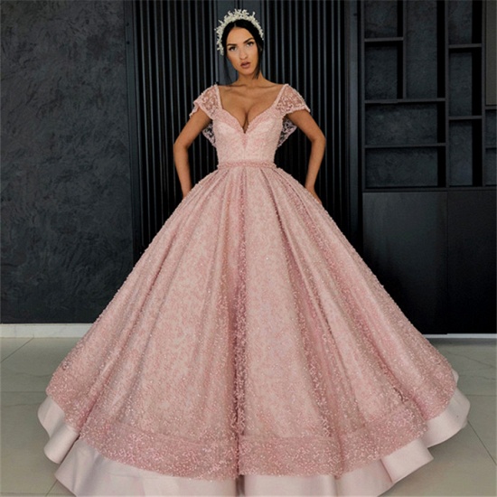 Bmbridal Cap Sleeves Ball Gown Prom Dress Pink With Pearls_2