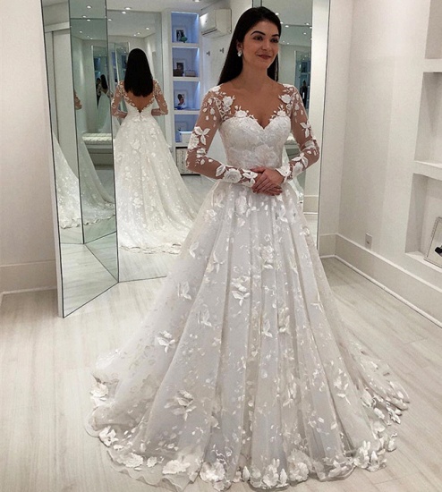 Bmbridal Long Sleeves Wedding Dress With Lace Appliques Princess Bridal Gowns_3