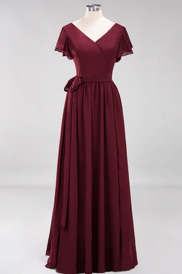BMbridal Burgundy V-Neck Long Bridesmaid Dress With Short-Sleeves_10