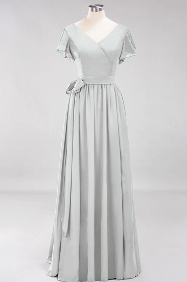 BMbridal Burgundy V-Neck Long Bridesmaid Dress With Short-Sleeves_30