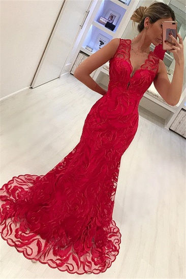 Bmbridal Red Sleeveless Mermaid Prom Dress With Lace Evening Gowns_3