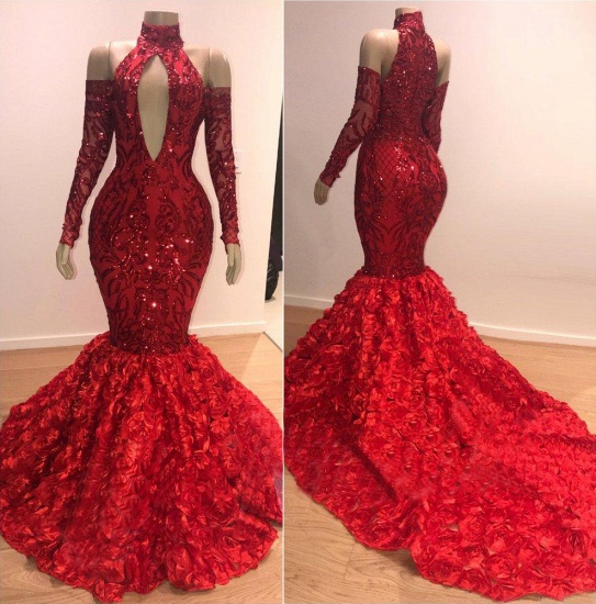 Bmbridal Red Long Sleeves Prom Dress Mermaid With Flowers Bottom_3