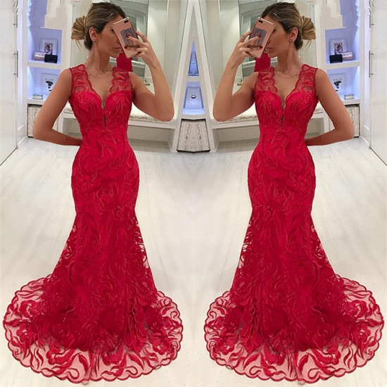 Bmbridal Red Sleeveless Mermaid Prom Dress With Lace Evening Gowns_4
