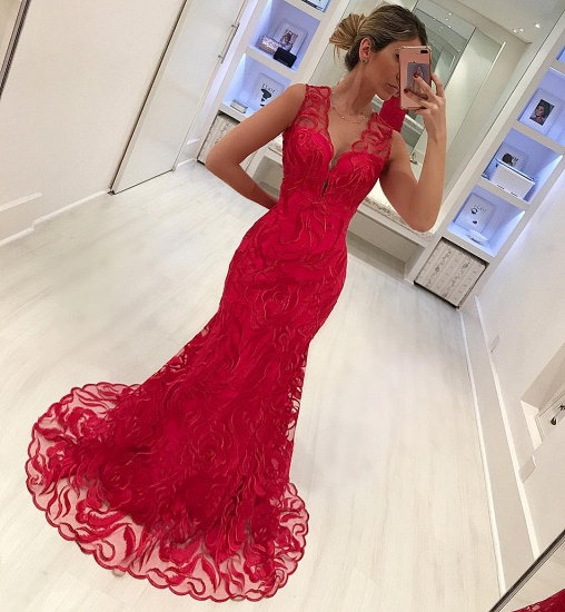 Bmbridal Red Sleeveless Mermaid Prom Dress With Lace Evening Gowns_5