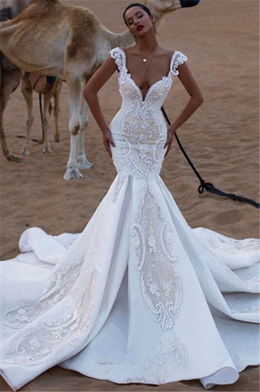 Bmbridal Cap Sleeves Mermaid Lace Wedding Dress V-Neck Long