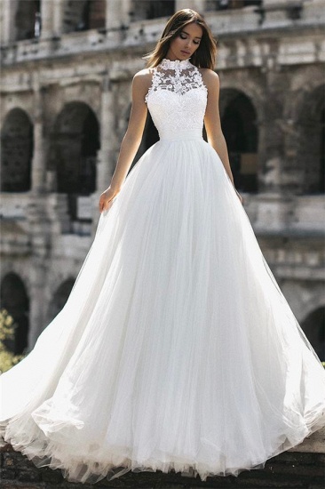 Bmbridal High Neck Sleeveless Tulle Wedding Dress Princess Lace Bridal Gowns