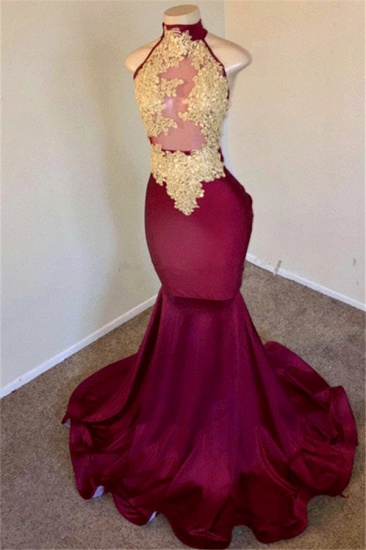Bmbridal Burgundy High Neck Mermaid Prom Dress With Lace Appliques_3