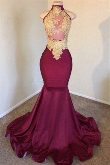 Bmbridal Burgundy High Neck Mermaid Prom Dress With Lace Appliques_1