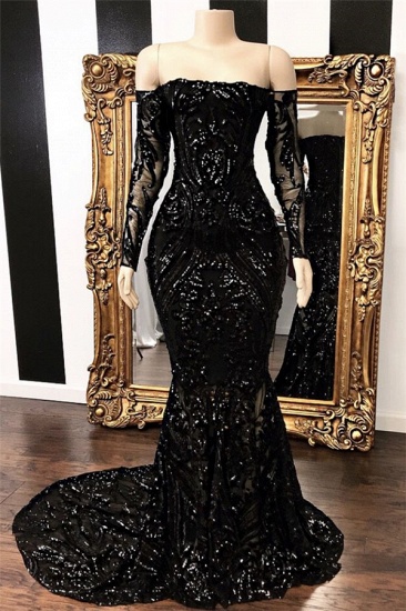 Bmbridal Black Long Sleeves Prom Dress Mermaid Sequins Evening Gowns_2