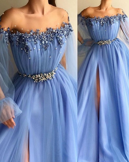 Bmbridal Off-the-Shoulder Long Sleeve Prom Dress Split With Beads_2