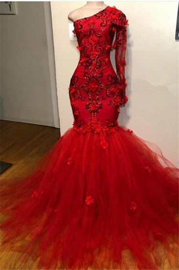 Bmbridal Red One Shoulder Long Sleeves Prom Dress Mermaid With Appliques_2
