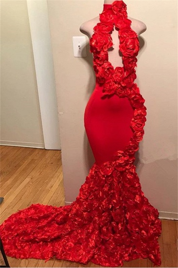 Bmbridal Red High Neck Mermaid Prom Dress With Flowers Sleeveless Formal Wears_2