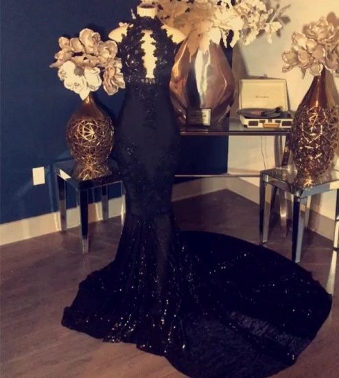 Bmbridal Sexy Black Halter Mermaid Prom Dress With Sequins Appliques_3