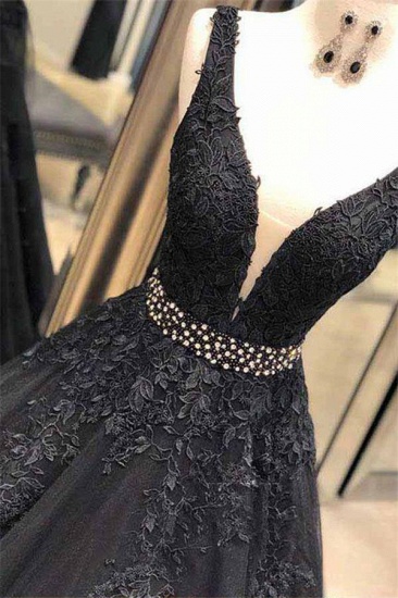 BMbridal Schwarzes Spitzen-Abschlussballkleid mit V-Ausschnitt, lange ärmellose Abendkleider mit Perlen_3