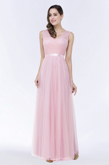 BMbridal Elegant Tulle V-Neck Sleeveless Ruffle Long Bridesmaid Dress with Sash_5