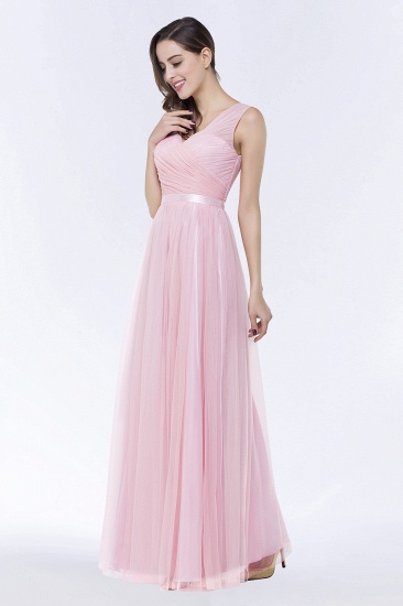 BMbridal Elegant Tulle V-Neck Sleeveless Ruffle Long Bridesmaid Dress with Sash_6