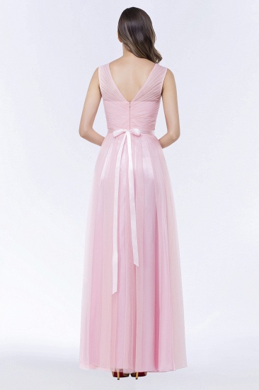 BMbridal Elegant Tulle V-Neck Sleeveless Ruffle Long Bridesmaid Dress with Sash_3
