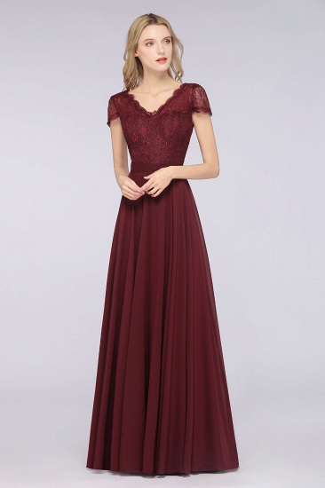 BMbridal Elegant Lace V-Neck Burgundy Bridesmaid Dress with Cap Sleeves_5