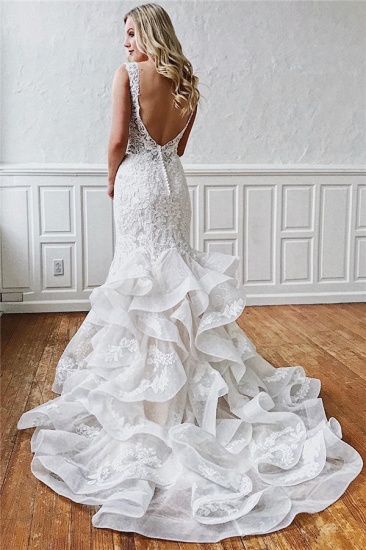 Bmbridal V-Neck Mermaid Lace Wedding Dress With Ruffles_3