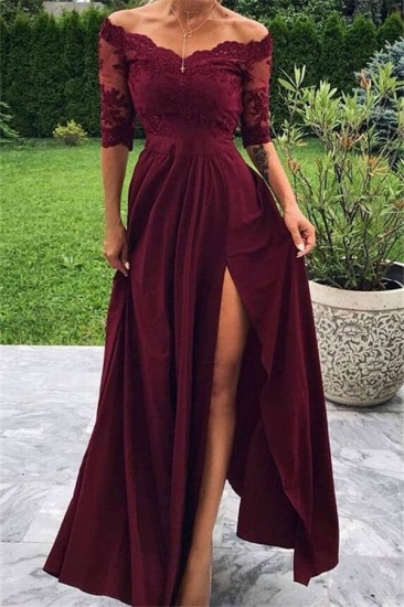 Bmbridal Burgundy Half Sleeves Lace Prom Dress Long With Slit_1