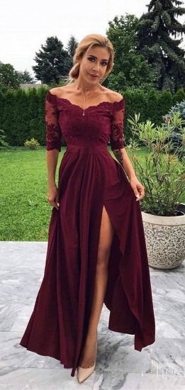 Bmbridal Burgundy Half Sleeves Lace Prom Dress Long With Slit_3