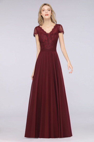 BMbridal Elegant Lace V-Neck Burgundy Bridesmaid Dress with Cap Sleeves_4