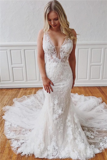 Bmbridal V-Neck Sleeveless Mermaid Wedding Dress With Appliques Detachable Skirt