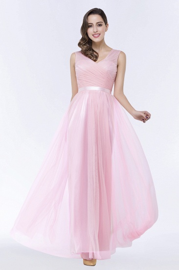 BMbridal Elegant Tulle V-Neck Sleeveless Ruffle Long Bridesmaid Dress with Sash_4