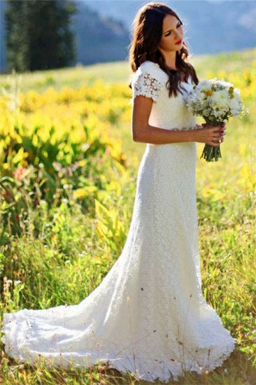 Bmbridal Short Sleeves Lace Boho Wedding Dress On Sale_1