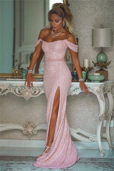 Bmbridal Pink Sequins Mermaid Prom Dress Off-the-Shoulder Slit Party Dress_2