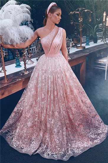 Bmbridal Pink One Shoulder Prom Dress Lace Long Evening Party Gowns_1