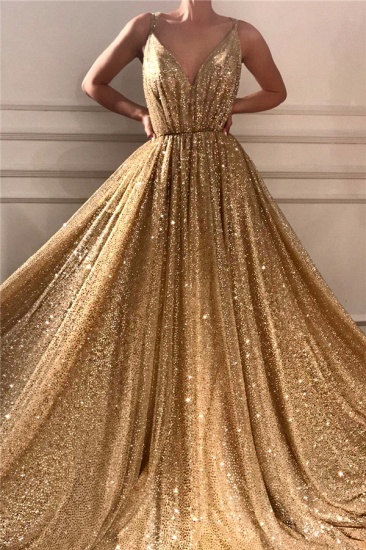 Bmbridal Gold Pailletten V-Ausschnitt Abendkleid ärmellos lang_2