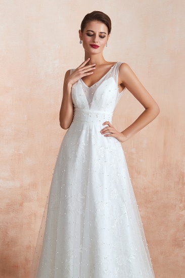BMbridal Fantastic V-Neck Sleeveless White Appliques Wedding Dress With Pearls_7