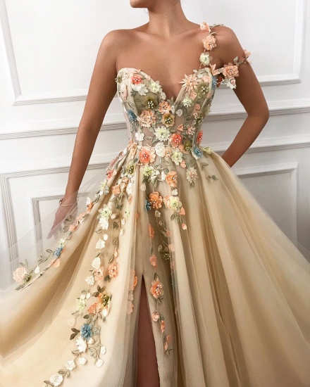 Bmbridal One Shoulder Long Prom Dress Split With Flowers_3