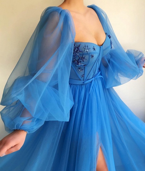 Bmbridal Ocean Blue Long Sleeve Tulle Prom Dress With Slit Sweetheart_3