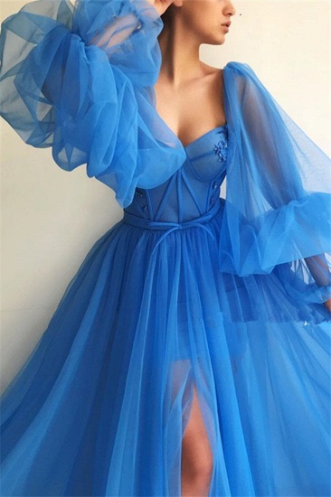 Bmbridal Ocean Blue Long Sleeve Tulle Prom Dress With Slit Sweetheart_4