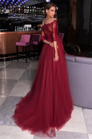 Bmbridal Half Sleeves Burgundy Lace Prom Dress Tulle Long_3