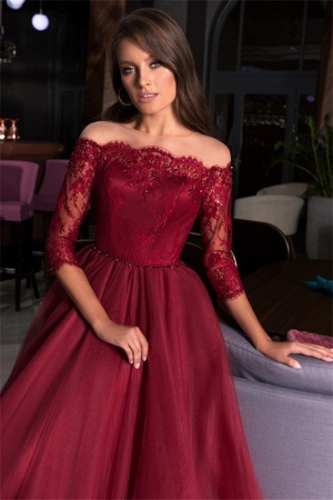 Bmbridal Half Sleeves Burgundy Lace Prom Dress Tulle Long_4