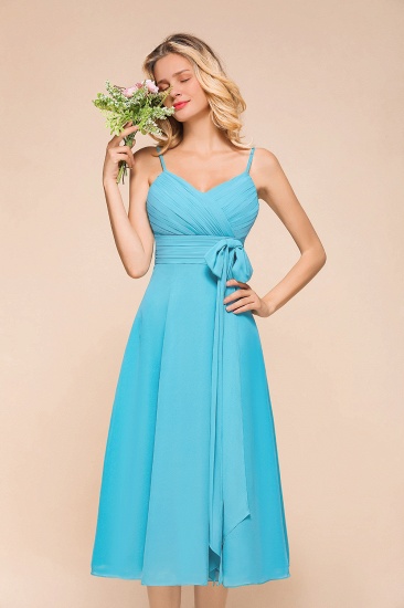 BMbridal Affordable Spaghetti Straps Blue Chiffon Bridesmaid Dress with Ruffle_5