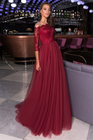 Bmbridal Half Sleeves Burgundy Lace Prom Dress Tulle Long_1
