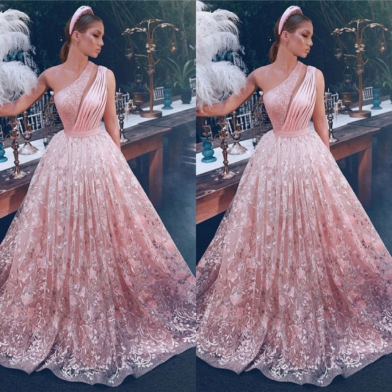 Bmbridal Pink One Shoulder Prom Dress Lace Long Evening Party Gowns_3
