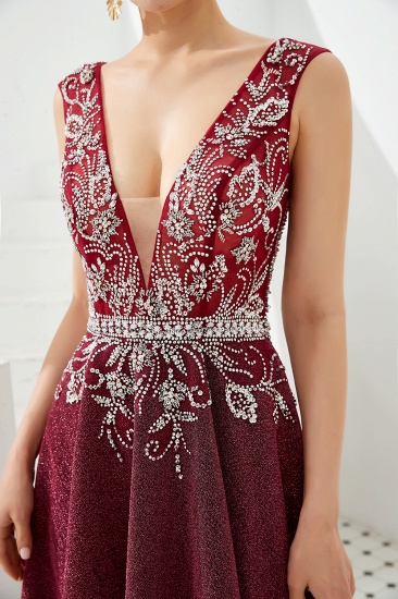 BMbridal Shinning Bugrundy Crystal Prom Dress Lange ärmellose Abendkleider mit V-Ausschnitt_4
